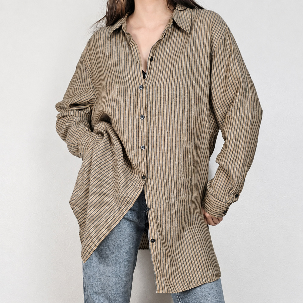 Boden Linen Metallic Stripe Oversized Button Up Shirt 12R Costal Boho Minimalist
